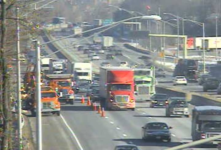 Road work blocks the right lane of southbound I-95 in Greenwich. 