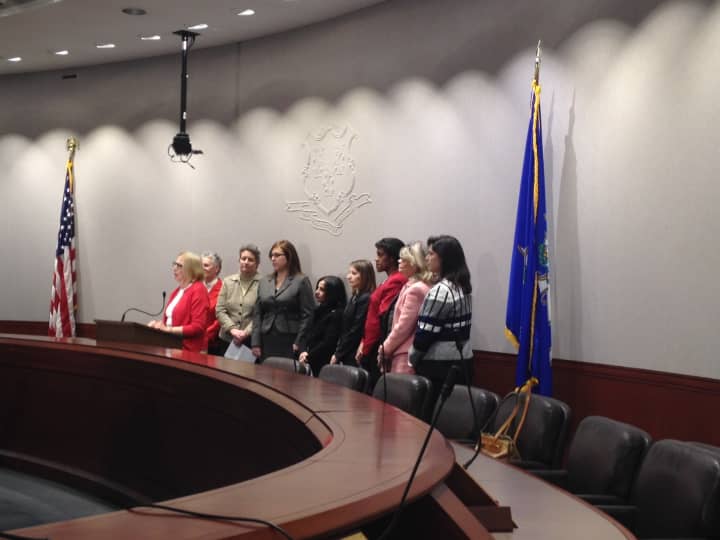 State Sen. Toni Boucher along with female members of the General Assembly at a press conference in Hartford.