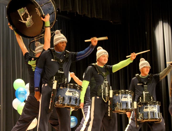 As part of their publicity tour leading up to Super Bowl Sunday, the Seattle Seahawks&#x27; marching band, &quot;Blue Thunder,&quot; sent 10 of their 33 drummers to make a pitstop at the New York School for the Deaf and put on a surprise performance.