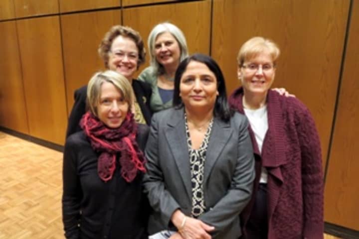Author Jane Ziegelman, front row, right, spoke about the history of New York immigrants on the snowy afternoon to launch the celebration of Eastchester&#x27;s 350th anniversary on Jan. 26.  