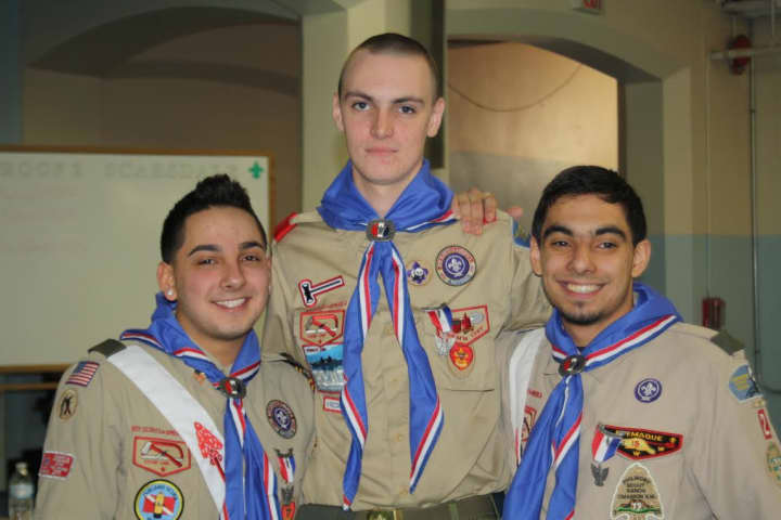 New Eagle Scouts, from left: Keith Hernandez, Michael Siciliano and Kevin Hernandez.