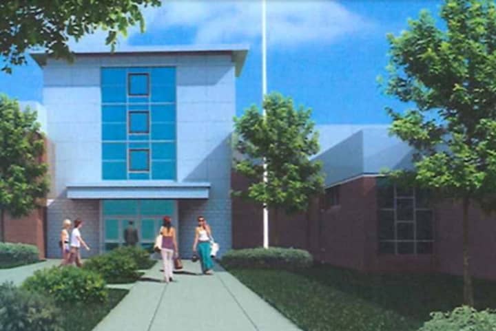 An artists rendering shows what the refurbished entrance of Wright Tech in Stamford would look like.