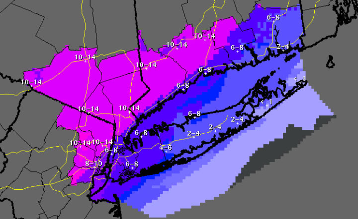 Updated projected snowfall totals through Friday, Feb. 14 at 7 a.m.