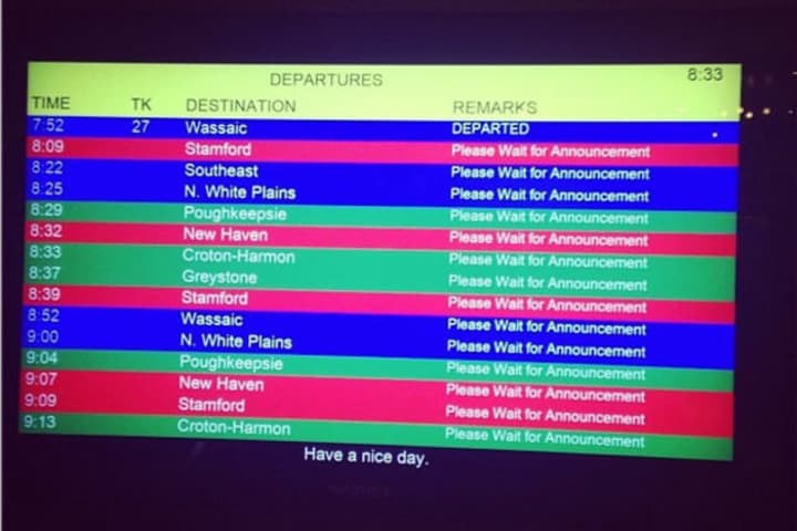 All Metro-North trains were stopped as a result of computer problems on Jan. 23, and screens at Grand Central Terminal said, &#x27;Please wait for announcement.&#x27; 