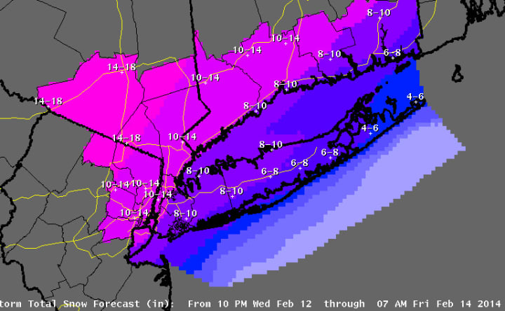 All of Fairfield County falls in the 10 to 14 inches of snow category on the map from the National Weather Service. 