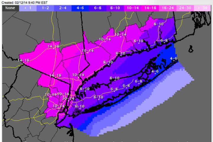 The purple coding on the National Weather Service map means 10 to 14 inches of snow could fall on Fairfield County. 
