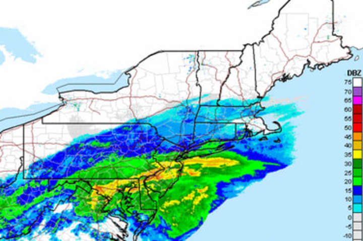 A radar image from early Thursday shows the major nor&#x27;easter making its way up the East Coast into Fairfield County. 