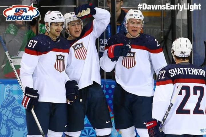 New Rochelle&#x27;s Kevin Shattenkirk, right, celebrates with teammates after Team USA scored in Thursday&#x27;s 7-1 win over Slovakia.