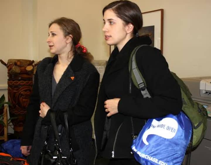 Maria Alyokhina, left, and Nadezhda Tolokonnikova visit Purchase College.