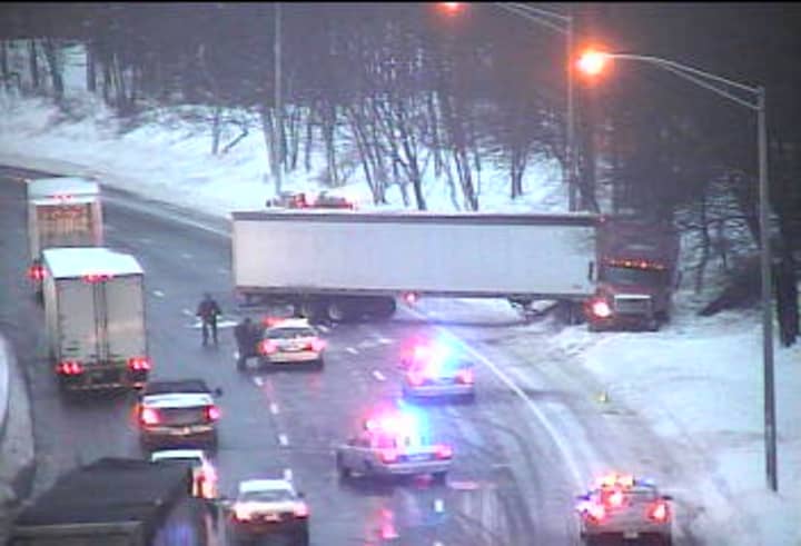 A jackknifed tractor-trailer is blocking two lanes of northbound I-95 between Exits 18 and 19 in Westport. 