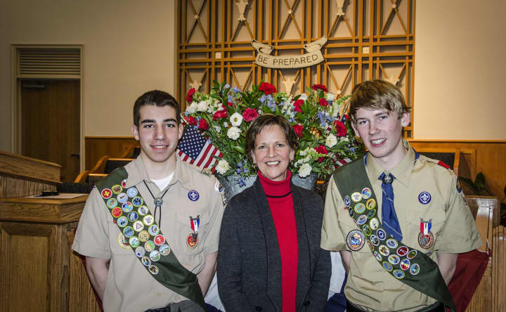 From left, Sam Carmona,  Westchester County Legislator Sheila Marcotte and Michael Taylor at the Eagle Scout ceremony. 