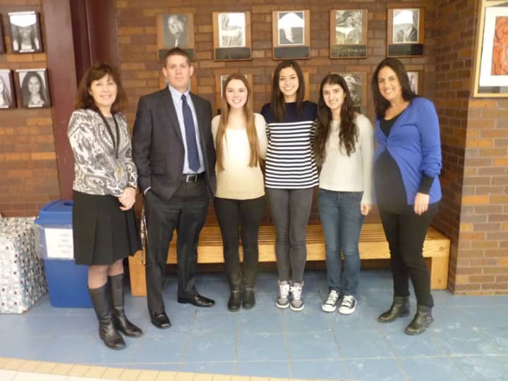 Pictured (from left) are Briarcliff High School Principal Debra French, guidance counselor Nathan Heltzel, Suzannah Bergstein, Ellie Underwood, Caterina Florissi and guidance counselor Meredith Safer.