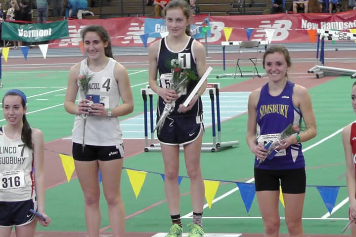Staples sophomore Hannah DeBalsi won the 2-mile and set a meet record Saturday at the New England Indoor Track and Field Championships in Boston.