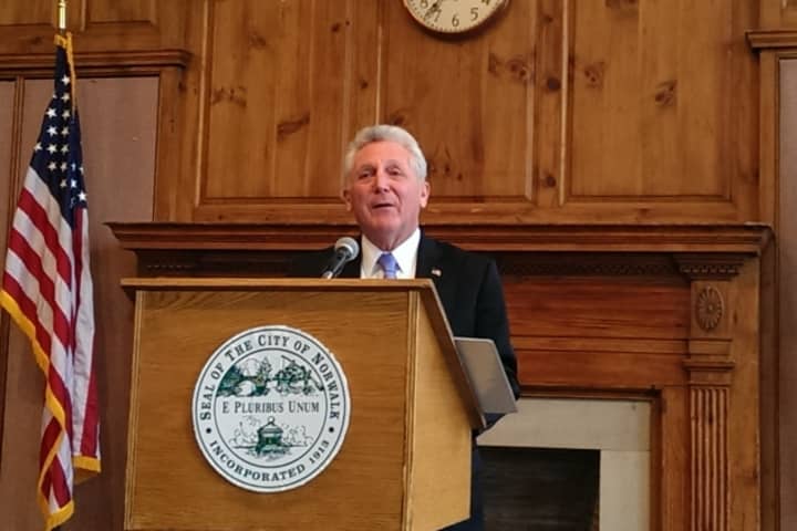 Norwalk Mayor Harry Rilling gives a State of the City address at the end of his first 100 days in office at City Hall on Monday.