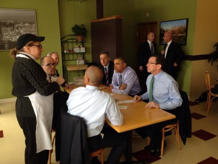 Gov. Dannel Malloy eats lunch Wednesday with President Barack Obama in Connecticut. 