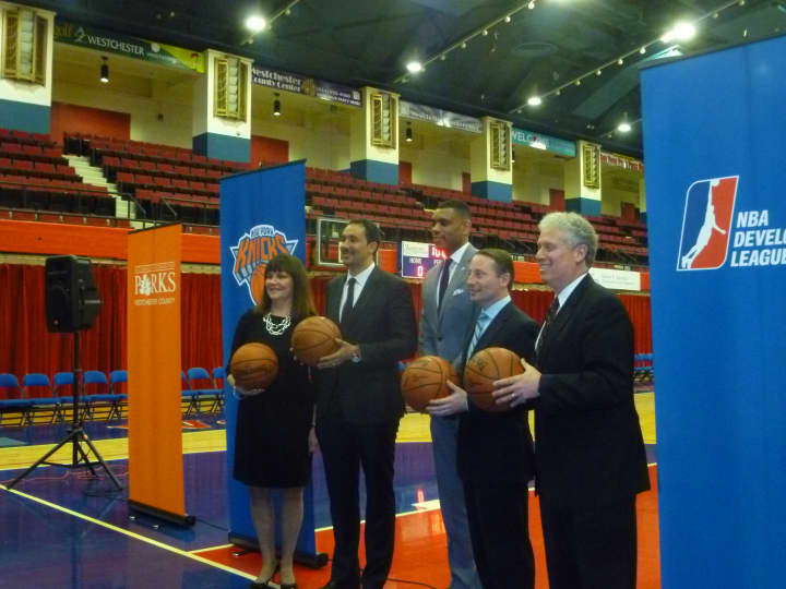 From left, County Parks Commissioner Kathy O&#x27;Connor, D-League President Dan Reed, Allan Houston, County Executive Robert Astorino and Legislator Michael Kaplowitz welcome Westchester&#x27;s new D-League team.