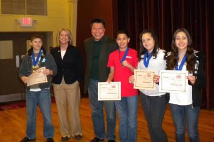 Some winners in the 2013 History Day in Fairfield County greet State Rep. Tony Hwang.