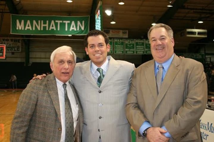 Harvey grad and Manhattan College coach Steve Masiello (center) poses with his former prep school headmaster Barry Fenstermacher (left) and his former coach Tim Stark (right) when they were invited to a Manhattan game two years ago.
