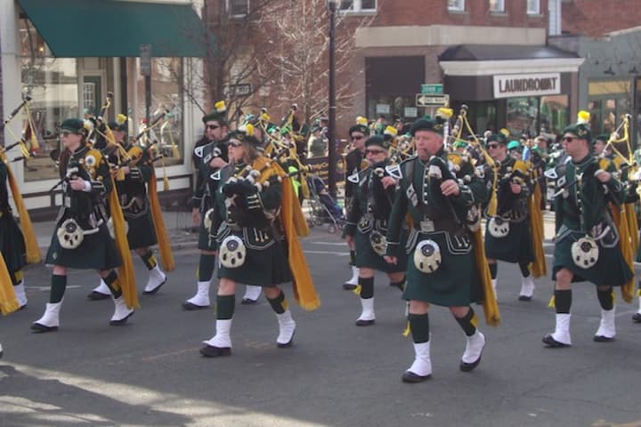 Bagpipe players and drummers lead the procession in the annual Tarrytown/Sleepy Hollow St. Patrick&#x27;s Day Parade Sunday.