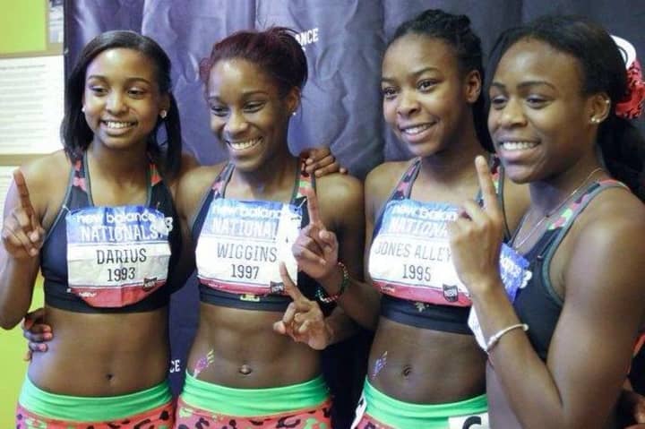 New Rochelle&#x27;s 4 x 200 relay (from left) of Symone Darius, Ashley Wiggins, Victoria Jones-Alleyne and Alicia Donaldson won Sunday&#x27;s race at the New Balance Nationals at The Armory in New York.