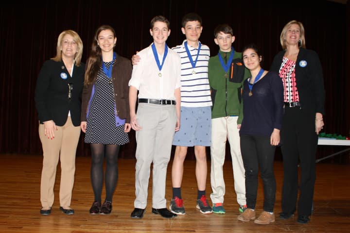 Senior winners from Pequot Homeschool in Southport inclue Isabella Altherr, Annabel Barry, Pierce Barry, Quinn Barry and Jaden Esse. They are with state Reps. Kim Fawcett and  Brenda Kupchick.