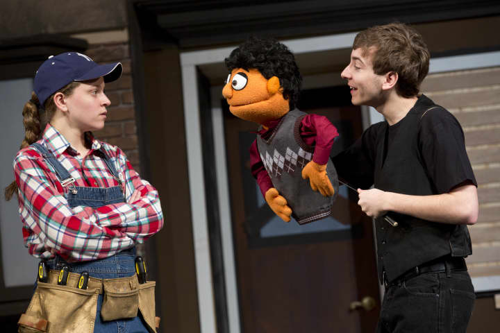 Seniors Cara McNiff and Will Haskell play Gary Coleman and Princeton in Staples Players&#x27; Spring Main Stage production of &quot;AVENUE Q&quot; opening Friday, March 21. 
