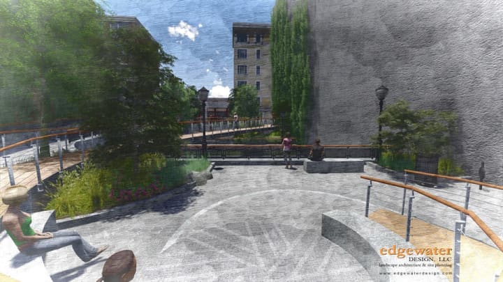 Design renderings of the new public courtyard on Mill Street in Yonkers. 
