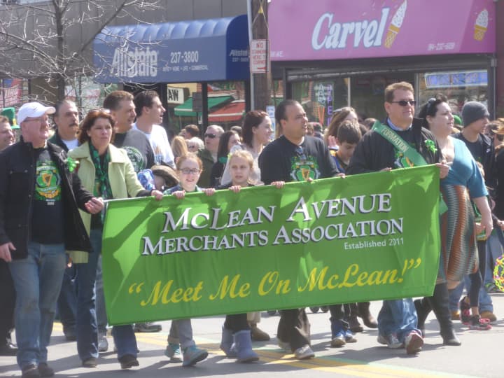 The McLean Avenue Merchants Association marches in the Yonkers St. Patrick&#x27;s Day parade.