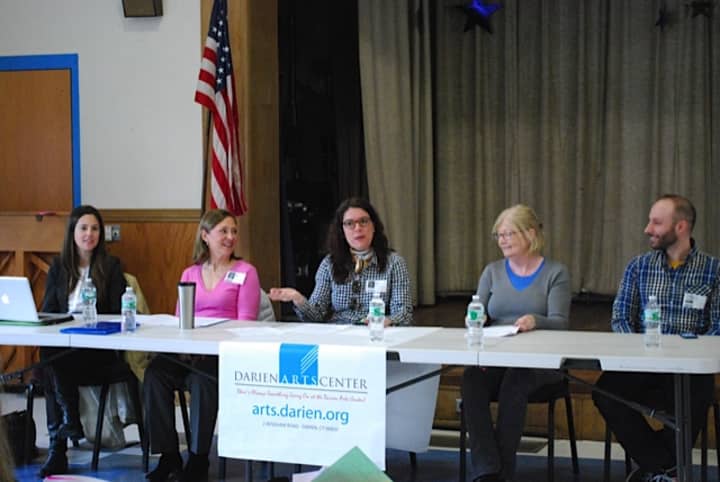 The panelists Claire Moore, Head of Children&#x27;s Services at the Darien Library, Martha Rhein, representative from Thriving Youth Asset Team, Beth Cherico, DAC Director of Visual Arts, Jill Morton, art teacher at Royle School, and Justin Davis, fi