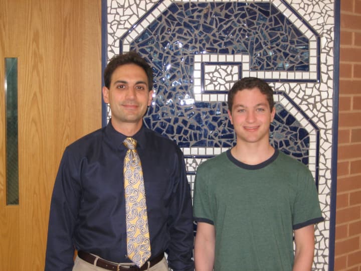 Staples High School student Zach Effman, right, is heading to MIT this summer for an internship. He is with Dr. Nicholas Morgan, a Staples Science teacher, left.