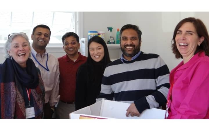 P2P Executive Director Ceci Maher (left) and In-Kind Manager Pat King (right) flank APAF team members Vaidheesh Krishnamurti, Sushand Koyambreth, Catherine Koh and Asmath Mohammed.