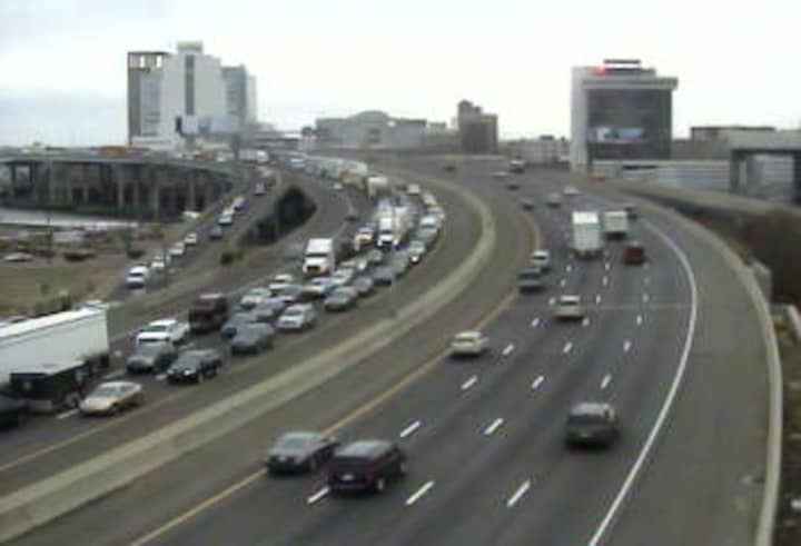 Traffic is at a standstill on I-95 at Pembroke Street in Bridgeport after a crash involving a truck closed the highway. 