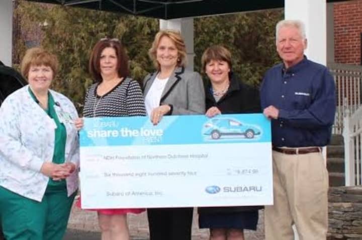 From left are Margaret Lovell, Pamela Rhodes, Kelly Mosher, Dawn Morrison and Lewis Ruge. The women are affiliated with Northern Dutchess Hospital. Ruge owns Ruge Subaru of Rhinebeck.. 