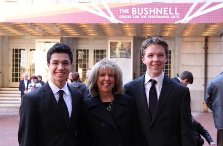 Chase Smith and Griffin King at the Bushnell with Betsey De Groff, their choir director at Wilton High School.