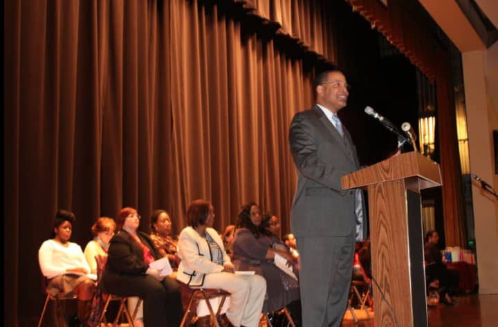 The Rev. Darren M. Morton, commissioner of the Mount Vernon Department of Recreation spoke at a ceremony for students with perfect attendance. 