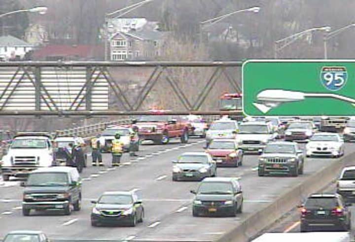 One lane of I-95 north is blocked by an accident near the exit for East Avenue in Norwalk. 