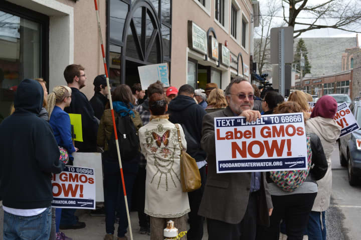 People rally in Mount Kisco to support the labeling of GMO food.