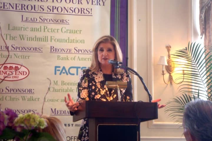 Arianna Huffington speaks about personal well-being at the Center for HOPE luncheon at the Woodway Country Club in Darien.