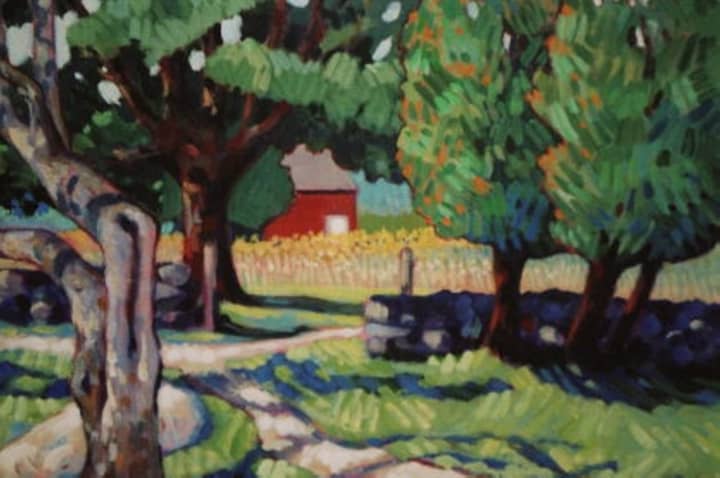 Dimitris Day, a view of Weir Farm is Wilton, is an acrylic on canvas by Bobbi Mullen of Weston, one of the exhibitors featured in The Celebration of Trees.