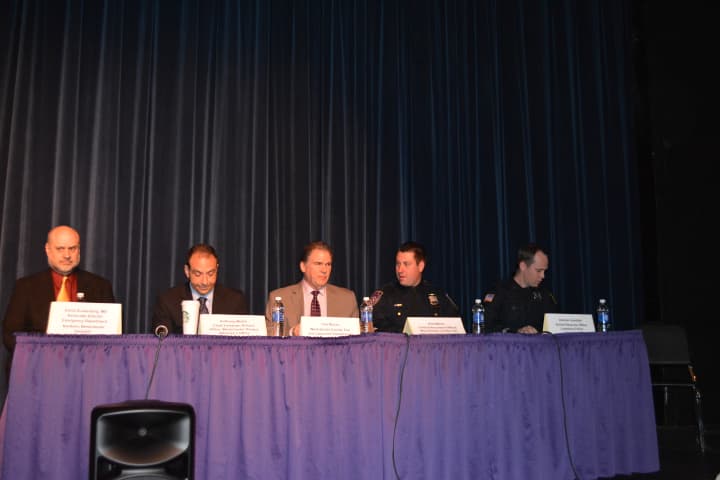 Left to right: Panelists David Zuckerberg, Anthony Molea, Tom Riccio, Kris Marco and Andrew Llewellyn. Marco is with enforcement for the county&#x27;s Taxi and Limousine Commission, while Llewellyn is John Jay&#x27;s school resource officer.