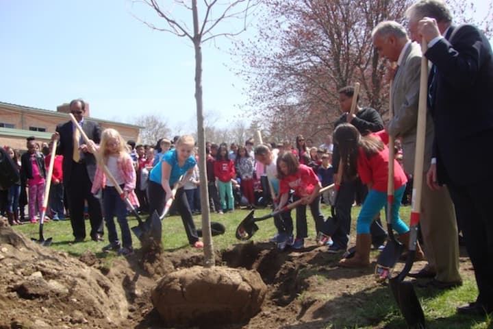 Wolfpit Elementary School students and Norwalk officials plant a red maple tree in celebration of Arbor Day.
