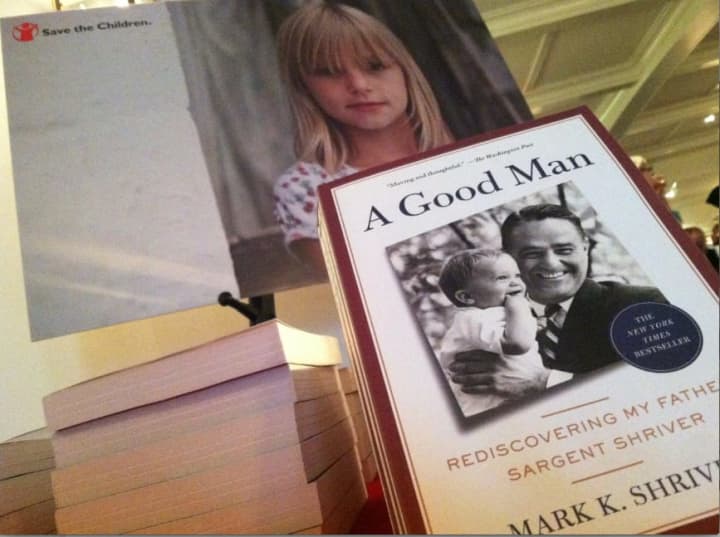 Mark Shriver&#x27;s book about his father, Sargent Shriver, is pictured at a Save the Children fundraising event in Greenwich on Thursday. He spoke at the event that also included NBC&#x27;s Willie Geist.