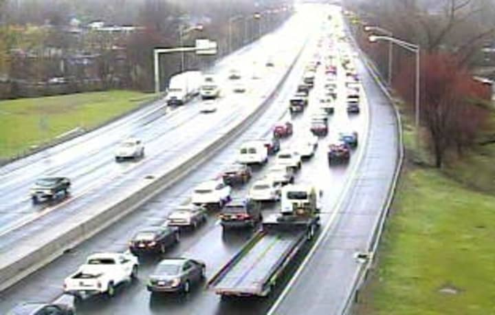 Traffic is slow Wednesday morning on I-95 South near Mill Hill Road in Fairfield. 
