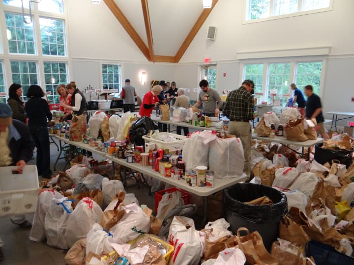 Food donations are ready for sorting at P2P in Darien. Norwalk, Wilton and Darien.