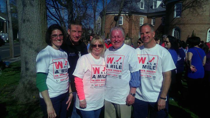 From left: Fairfield Selectman Cristin McCarthy Vahey, Police Capt. Josh Zabin, Center for Family Justice President Debra Greenwood, First Selectman Michael Tetreau and Democratic candidate for State Representative Kevin Coyner at Saturday&#x27;s &#x27;Walk a 