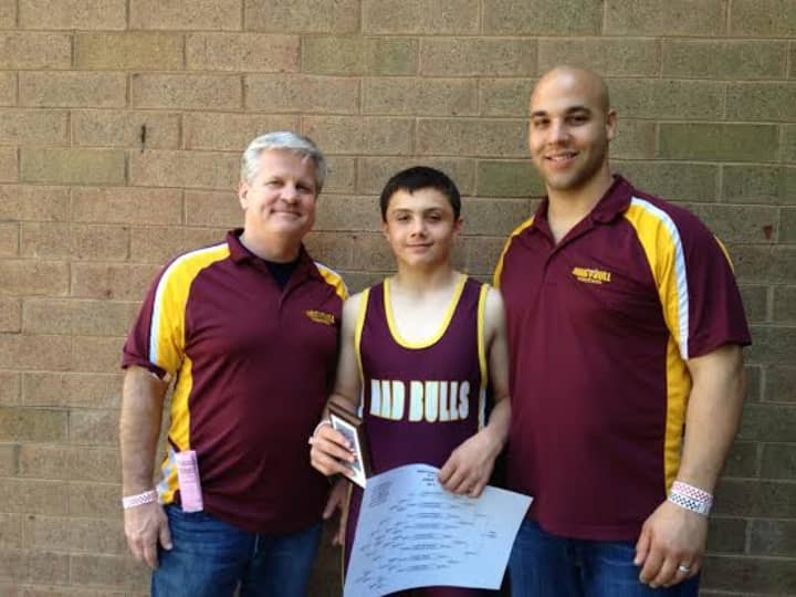 Norwalk wrestler Jeff Cocchia finished third at the Eastern Youth Nationals last weekend in Maryland. He is pictured with coaches Art Schad, left, and Jason Singer.