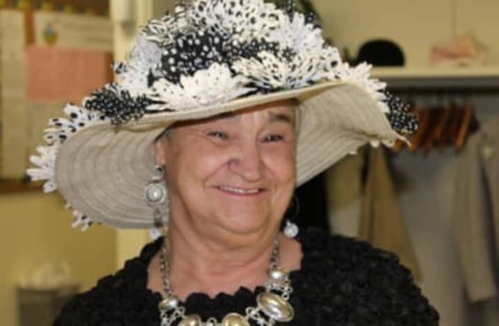 MJ Turanica shows off her Derby bonnet at the Hugh Doyle Senior Center in New Rochelle on Saturday, May 3.