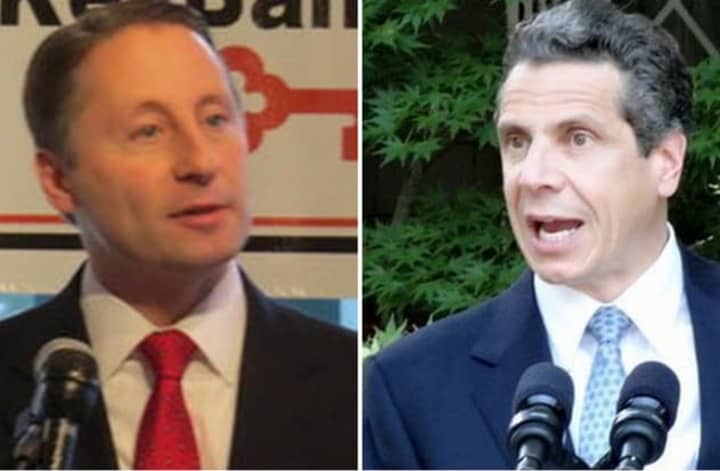 Rob Astorino, left, released his first ad, asserting that Gov. Andrew Cuomo&#x27;s housing plan would lower property values in Long Island. 