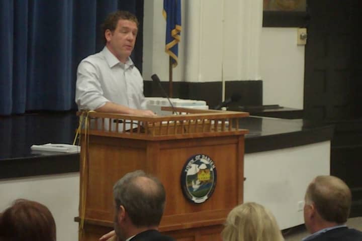 James Palen addresses the Darien Representative Town Meeting on the 2014-15 budget.