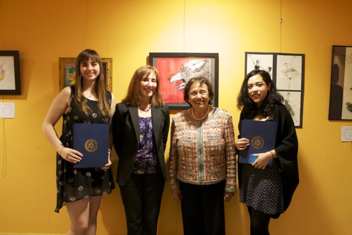 From left, first-place winner Chloe Giroux; Jean Newton, executive director of Westchester Music Conservatory; Rep. Nita Lowey; and honorable mention Krista Escaffi-Aguilar.